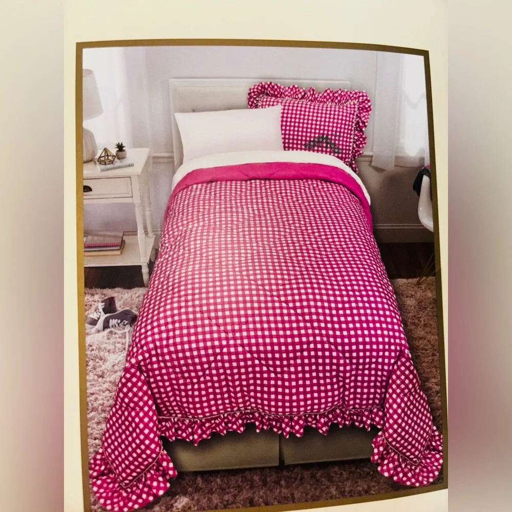 Katie Kime Wicked for Good Pink & White Gingham TWIN Size Comforter Set